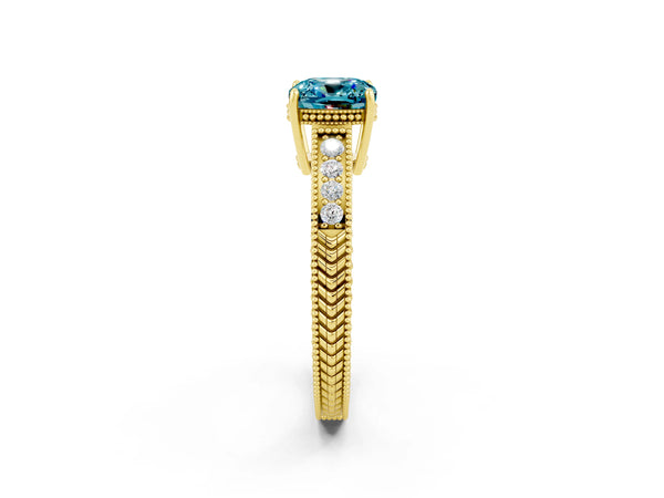Yellow gold Cushion Cut Blue Topaz Ring with Milgrain Pavé Band and Four-Prong Setting