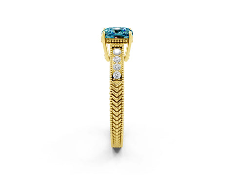 Yellow gold Cushion Cut Blue Topaz Ring with Milgrain Pavé Band and Four-Prong Setting_14