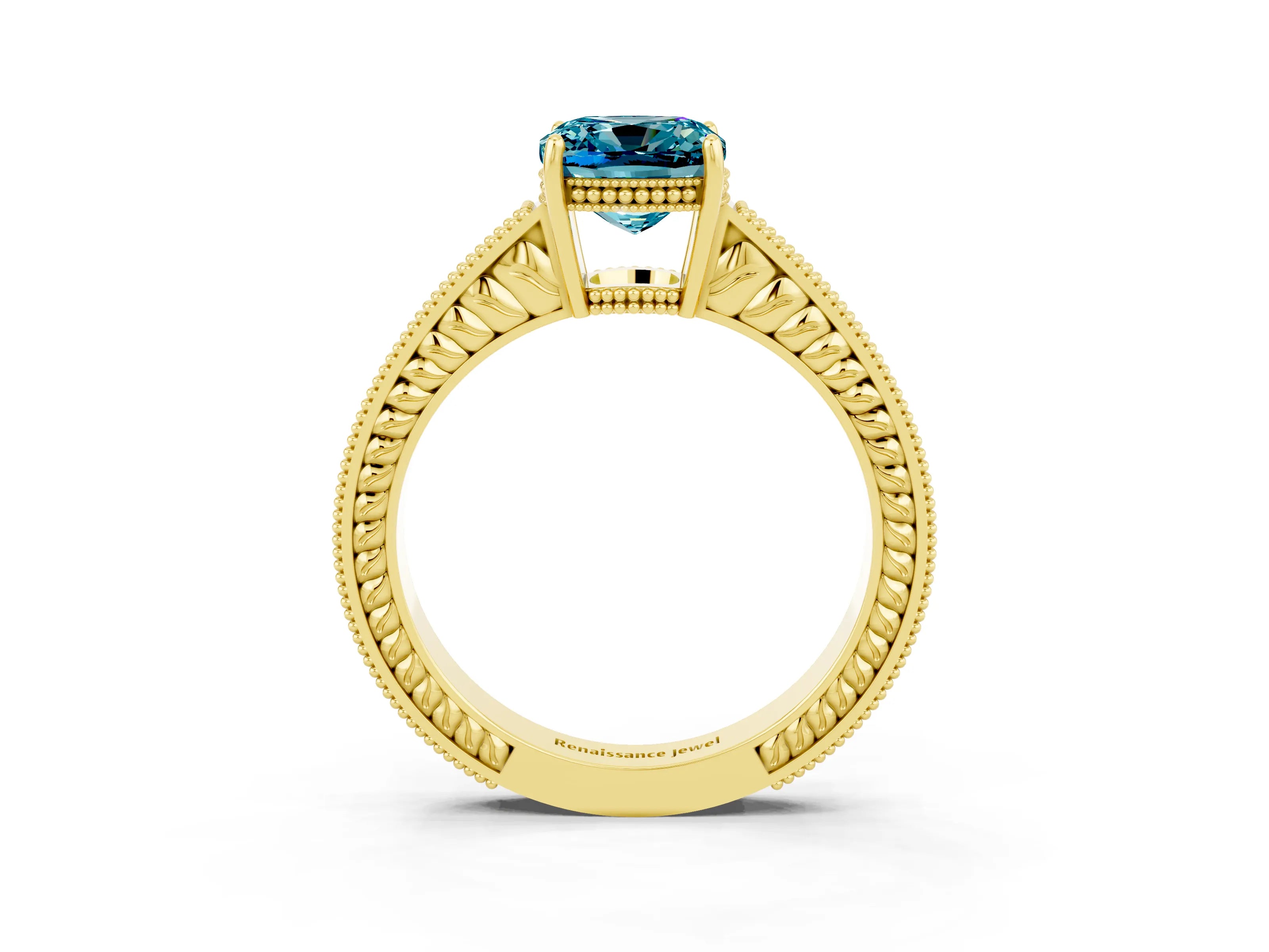Yellow gold Cushion Cut Blue Topaz Ring with Milgrain Pavé Band and Four-Prong Setting_15
