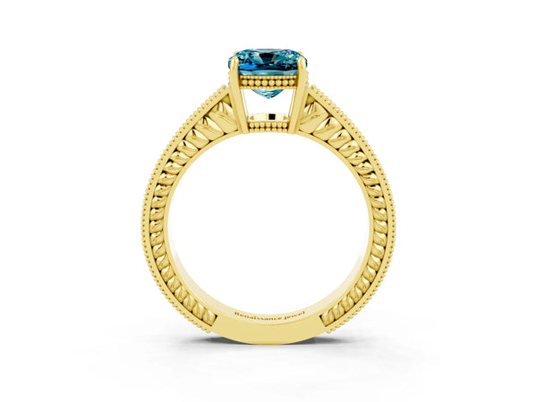 Yellow gold Cushion Cut Blue Topaz Ring with Milgrain Pavé Band and Four-Prong Setting