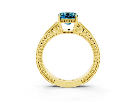 Yellow gold Cushion Cut Blue Topaz Ring with Milgrain Pavé Band and Four-Prong Setting_15