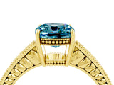 Yellow gold Cushion Cut Blue Topaz Ring with Milgrain Pavé Band and Four-Prong Setting_16