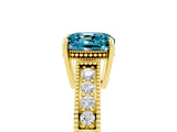 Yellow gold Cushion Cut Blue Topaz Ring with Milgrain Pavé Band and Four-Prong Setting_17