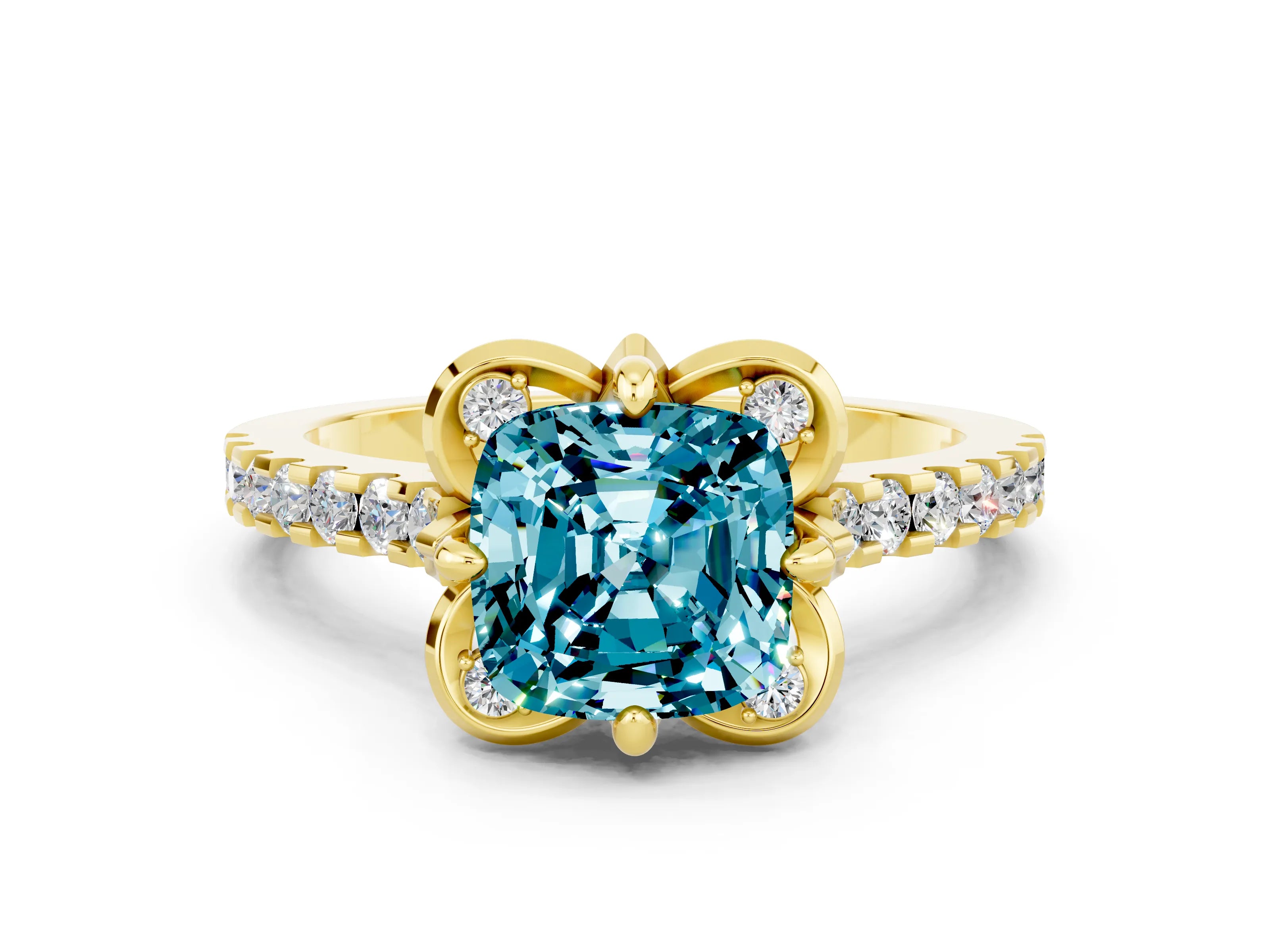 Yellow gold Cushion Cut Blue Topaz Ring with Pavé Band and Floral Prong Setting