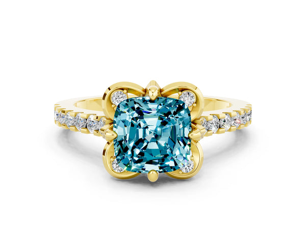 Yellow gold Cushion Cut Blue Topaz Ring with Pavé Band and Floral Prong Setting
