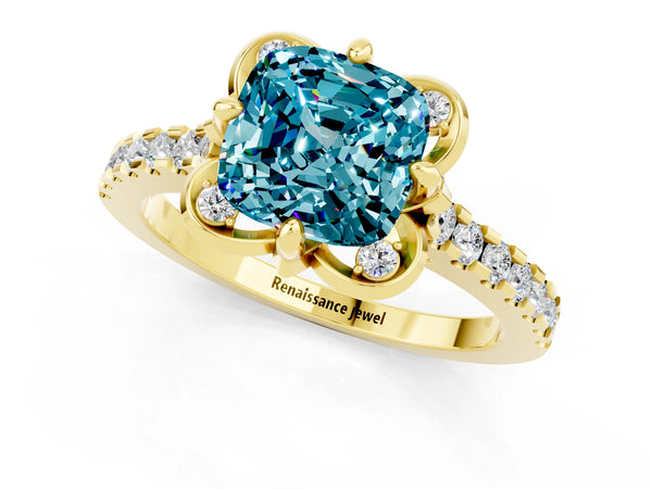 Yellow gold Cushion Cut Blue Topaz Ring with Pavé Band and Floral Prong Setting