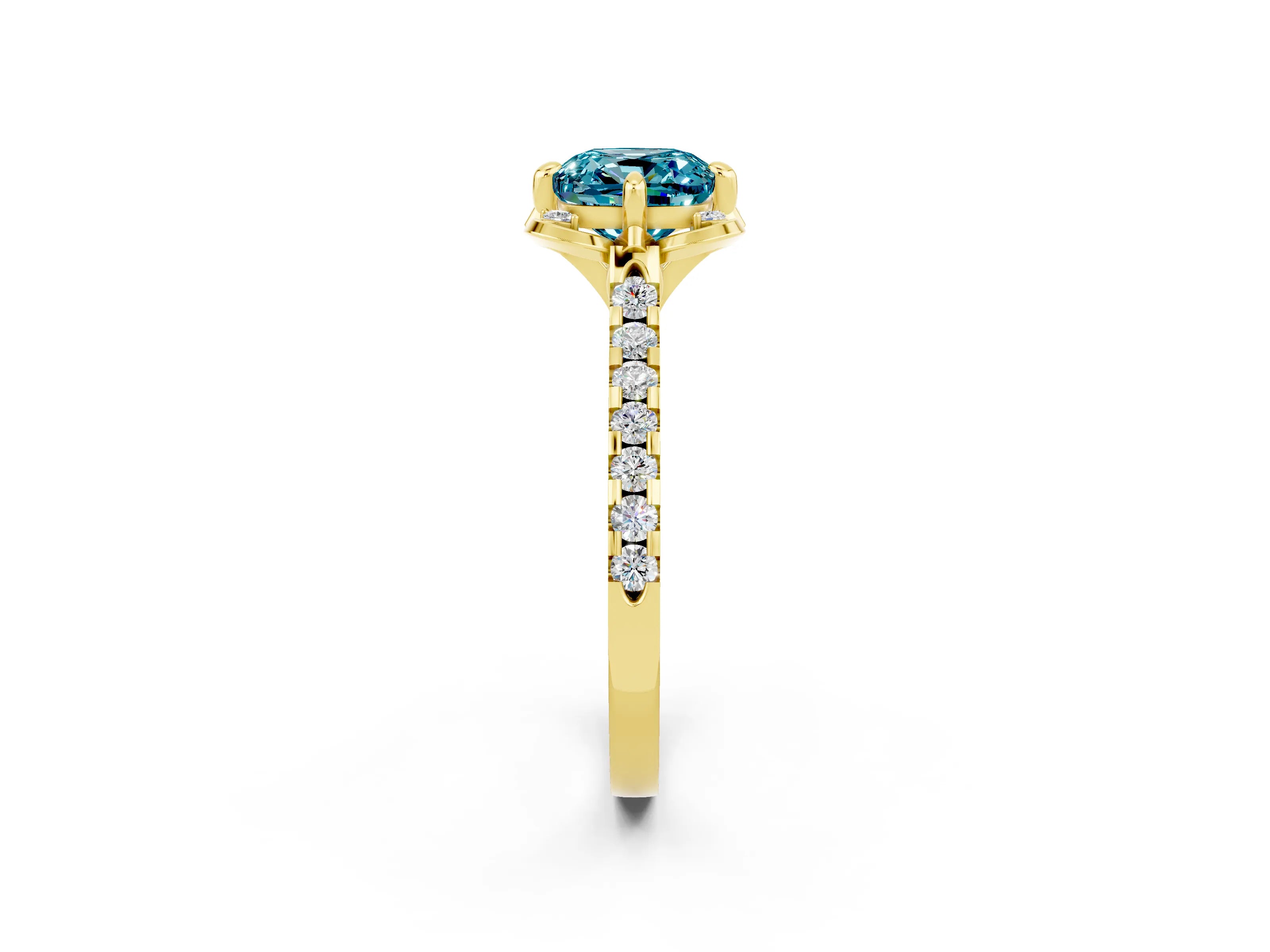 Yellow gold Cushion Cut Blue Topaz Ring with Pavé Band and Floral Prong Setting_2