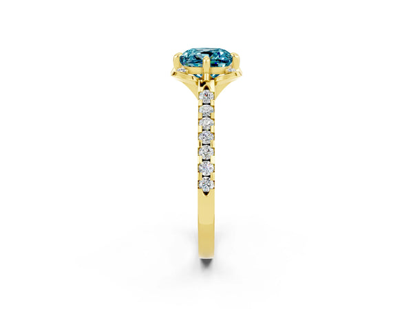 Yellow gold Cushion Cut Blue Topaz Ring with Pavé Band and Floral Prong Setting
