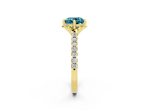 Yellow gold Cushion Cut Blue Topaz Ring with Pavé Band and Floral Prong Setting_2