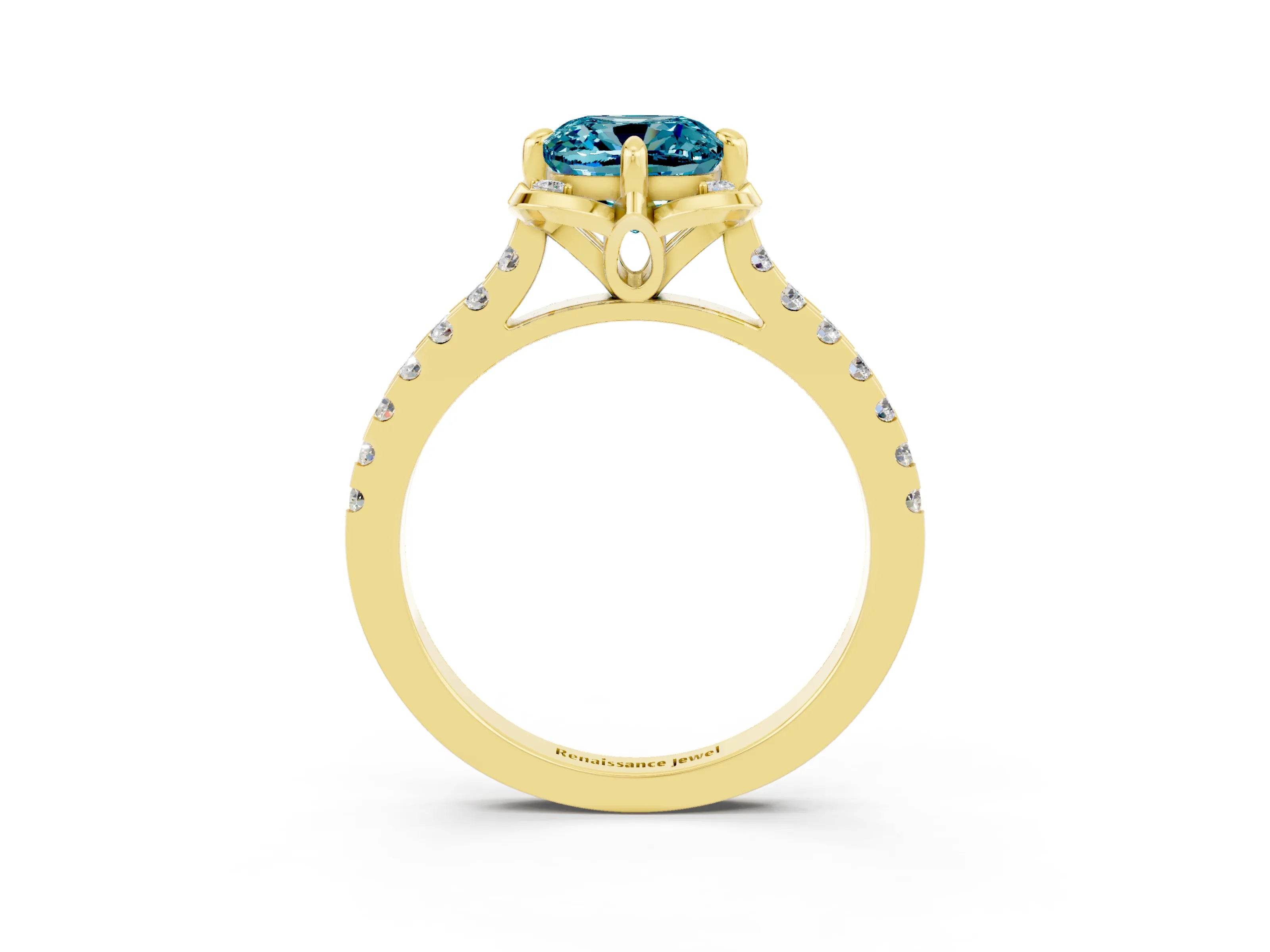 Yellow gold Cushion Cut Blue Topaz Ring with Pavé Band and Floral Prong Setting_3