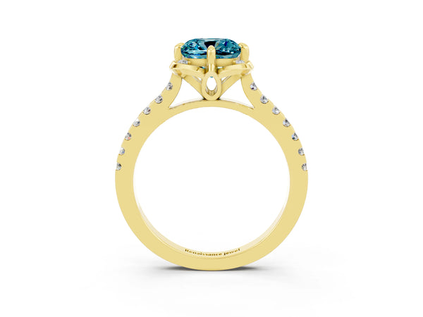 Yellow gold Cushion Cut Blue Topaz Ring with Pavé Band and Floral Prong Setting