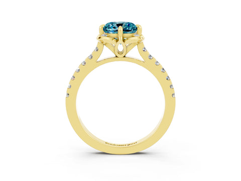 Yellow gold Cushion Cut Blue Topaz Ring with Pavé Band and Floral Prong Setting_3
