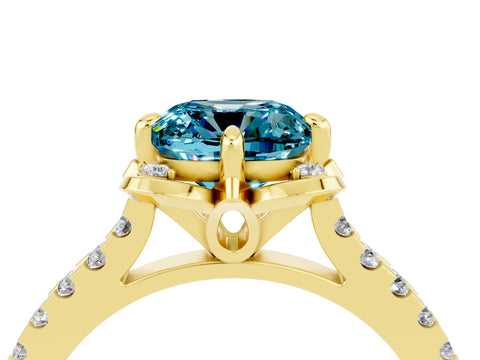 Yellow gold Cushion Cut Blue Topaz Ring with Pavé Band and Floral Prong Setting_4