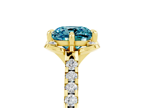 Yellow gold Cushion Cut Blue Topaz Ring with Pavé Band and Floral Prong Setting_5