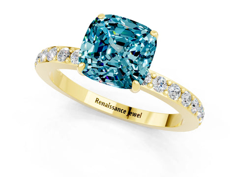 Yellow gold Cushion Cut Blue Topaz Ring with Pavé Band and Four-Prong Setting_1