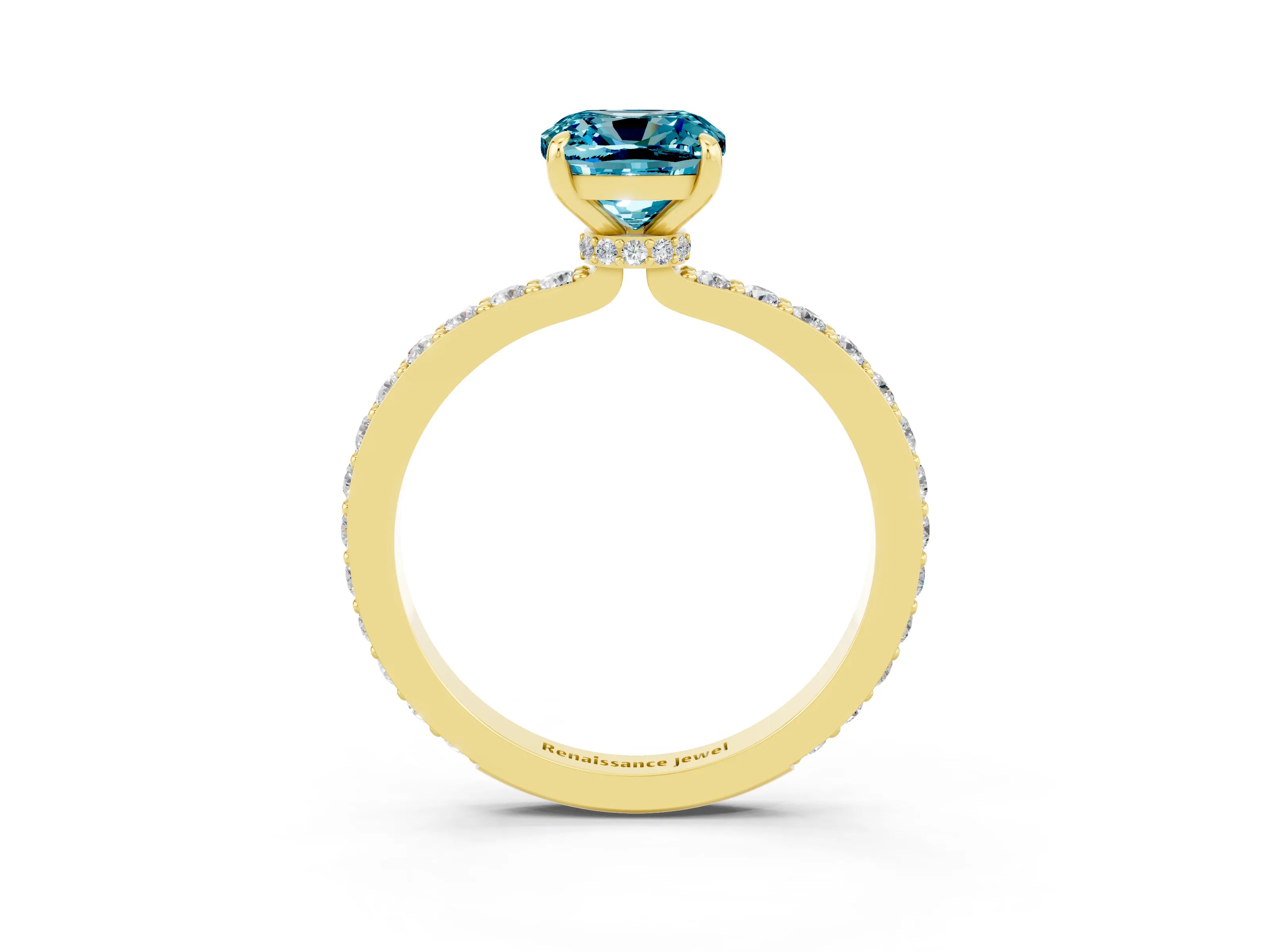 Yellow gold Cushion Cut Blue Topaz Ring with Pavé Band and Four-Prong Setting_3