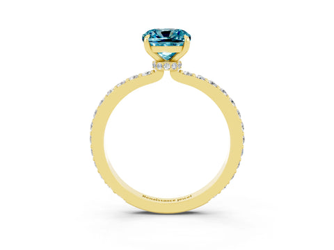 Yellow gold Cushion Cut Blue Topaz Ring with Pavé Band and Four-Prong Setting_3