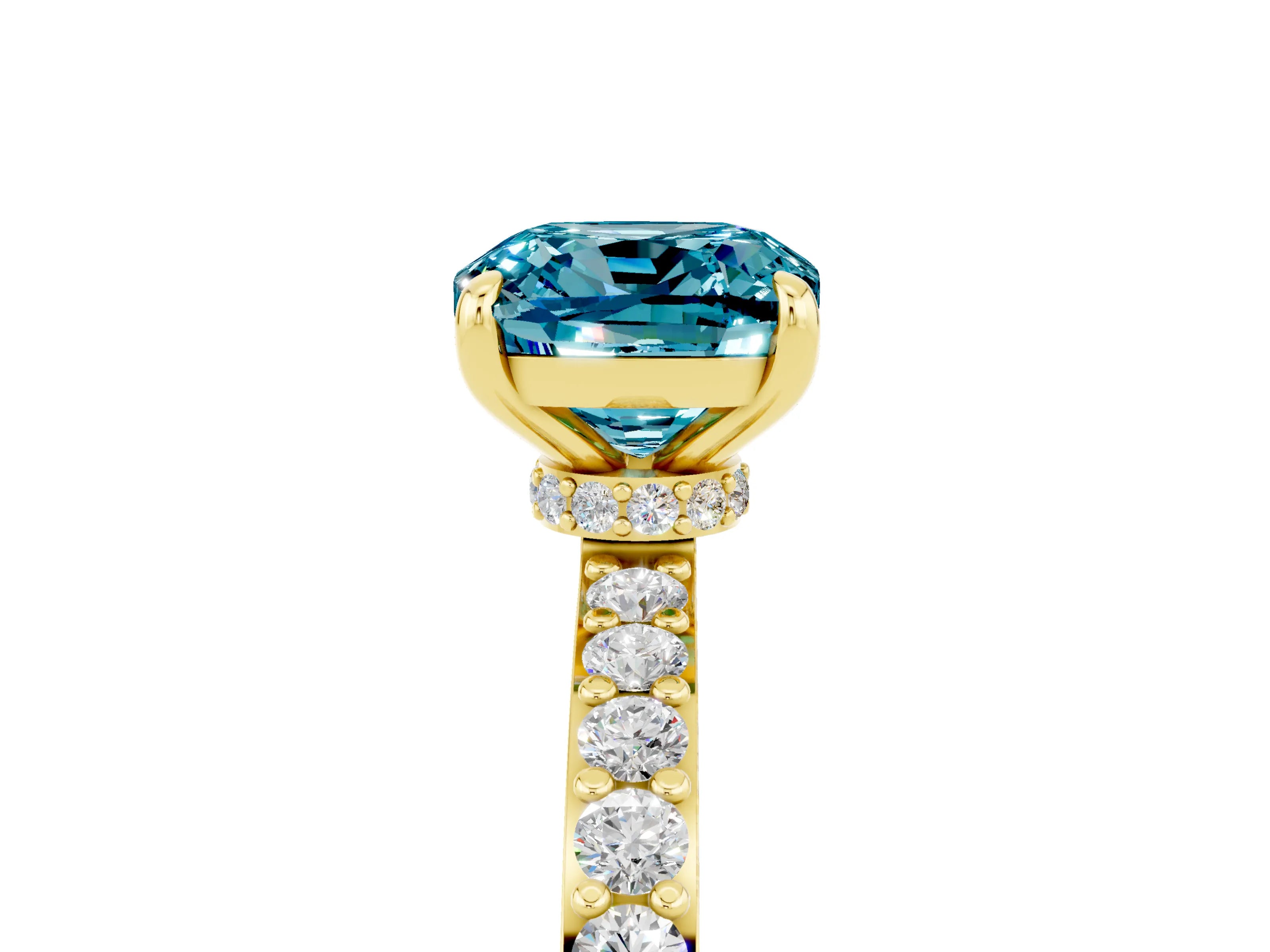 Yellow gold Cushion Cut Blue Topaz Ring with Pavé Band and Four-Prong Setting_5