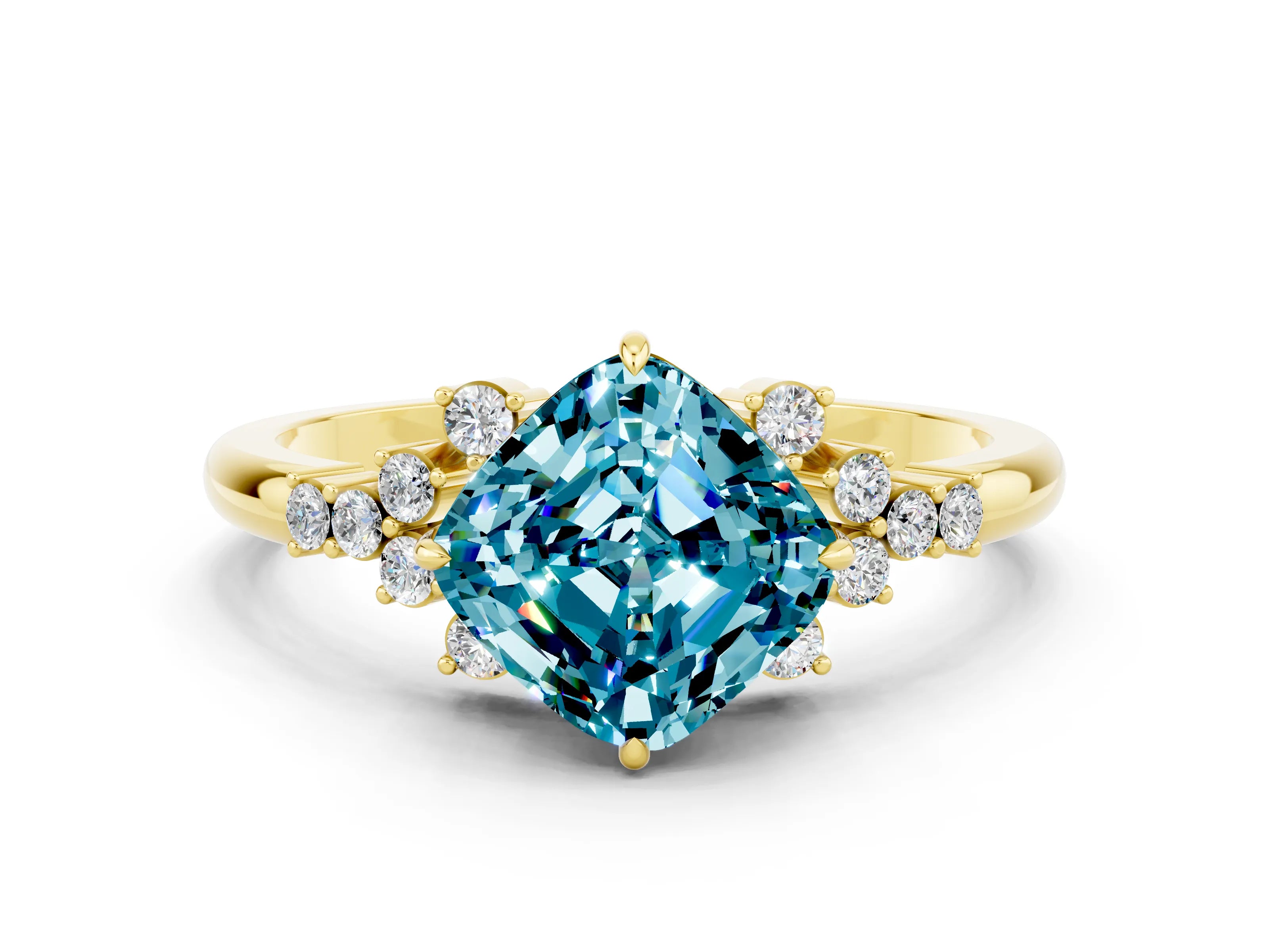 Yellow gold Cushion Cut Blue Topaz Ring with Side Stones and Four-Prong Setting_36