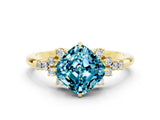 Yellow gold Cushion Cut Blue Topaz Ring with Side Stones and Four-Prong Setting_36