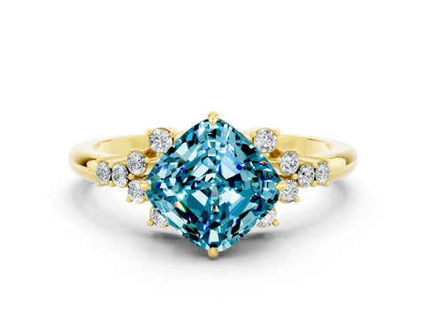 Yellow gold Cushion Cut Blue Topaz Ring with Side Stones and Four-Prong Setting_36
