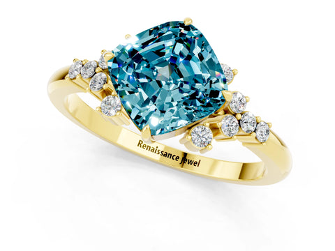 Yellow gold Cushion Cut Blue Topaz Ring with Side Stones and Four-Prong Setting_37