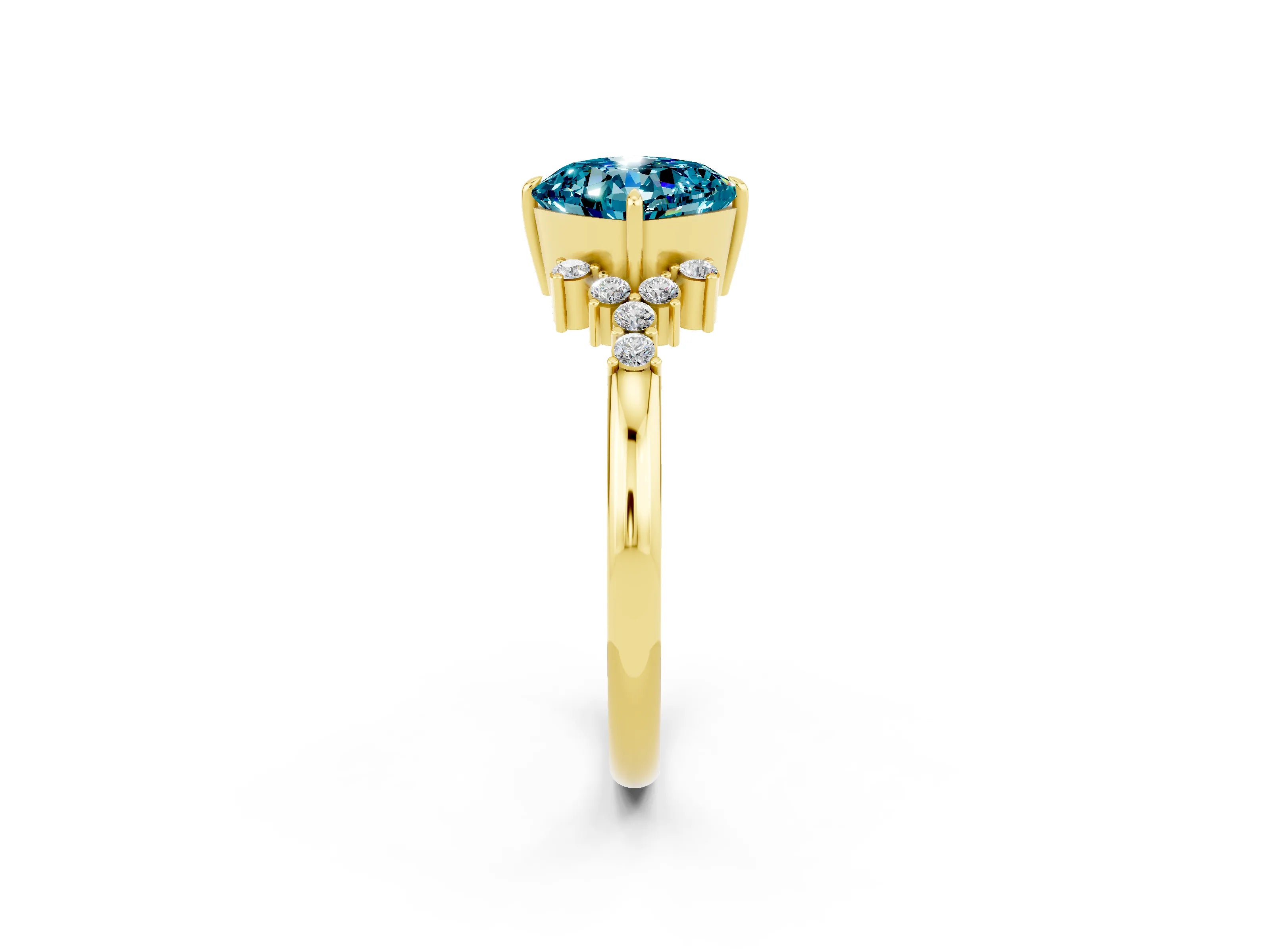 Yellow gold Cushion Cut Blue Topaz Ring with Side Stones and Four-Prong Setting_38