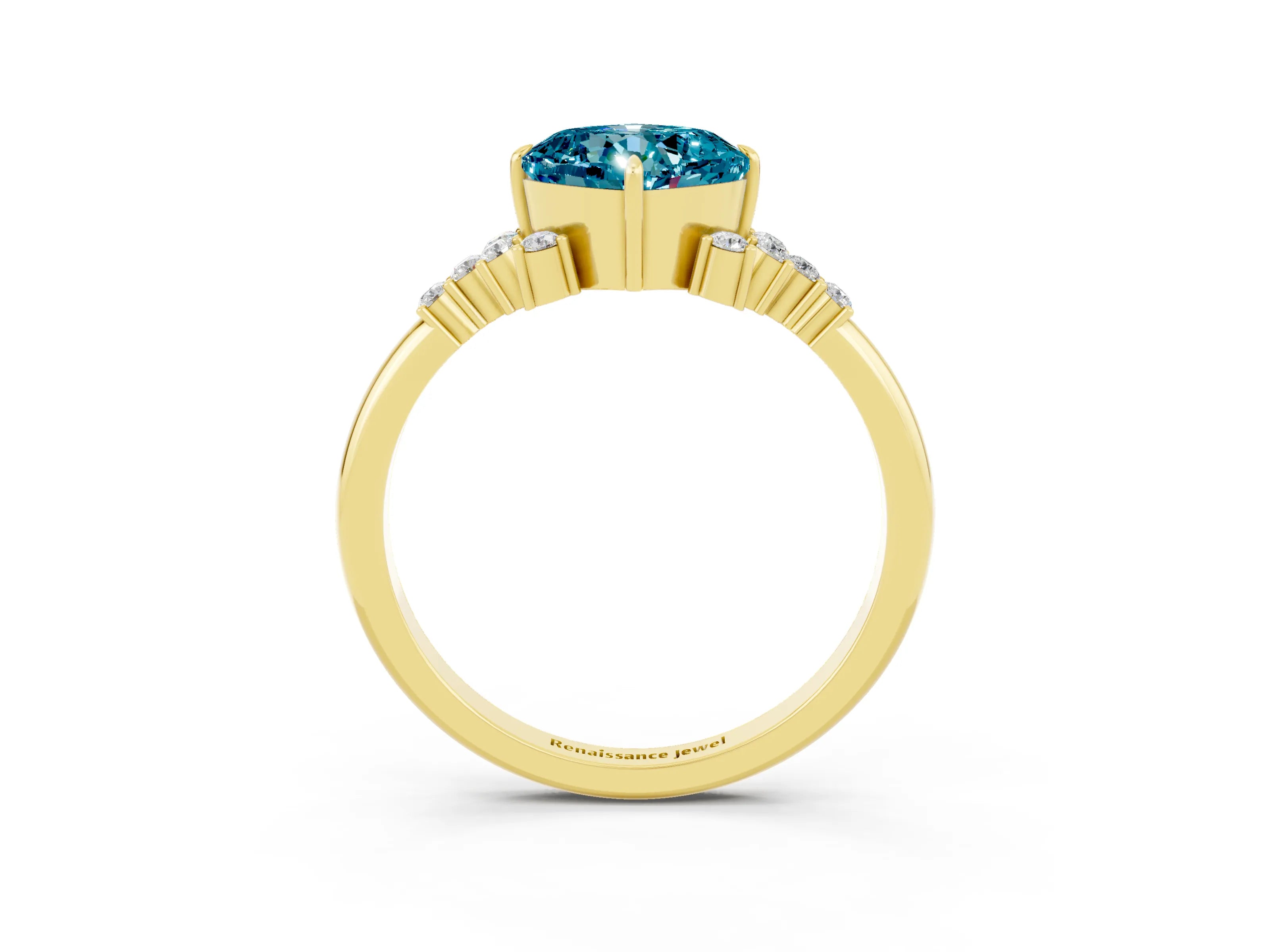 Yellow gold Cushion Cut Blue Topaz Ring with Side Stones and Four-Prong Setting_39