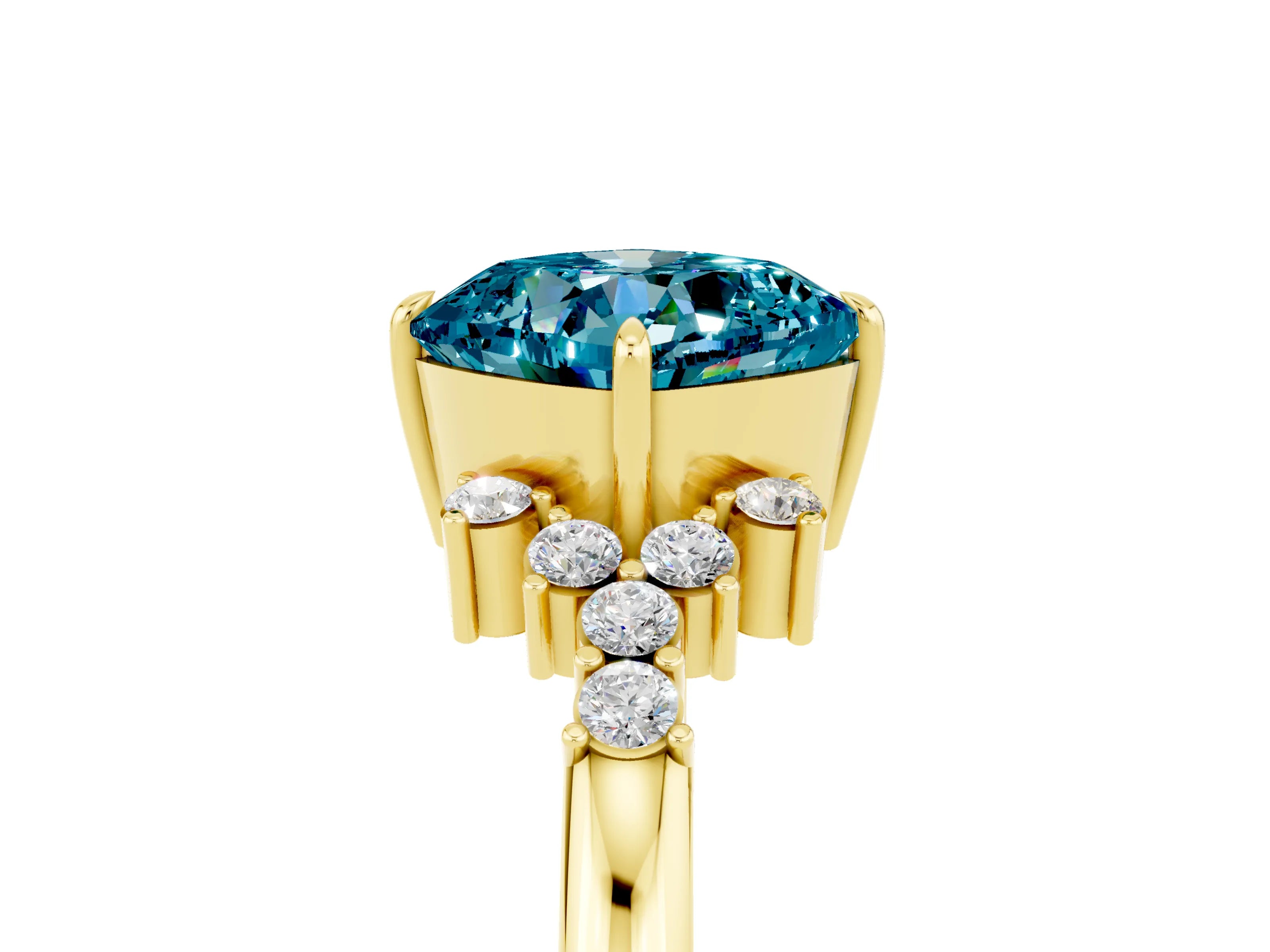 Yellow gold Cushion Cut Blue Topaz Ring with Side Stones and Four-Prong Setting_41