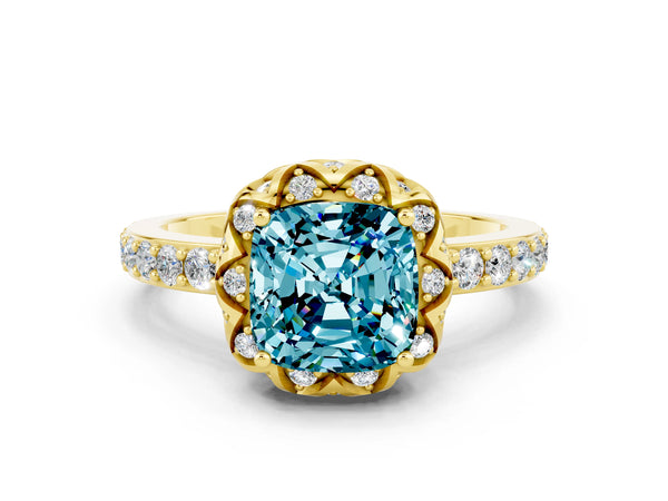 Yellow gold Cushion Cut Blue Topaz Scalloped Halo Engagement Ring with Round Shared Prong Band
