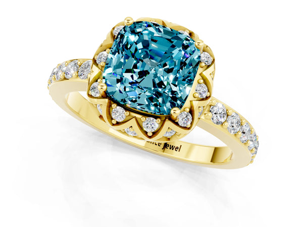 Yellow gold Cushion Cut Blue Topaz Scalloped Halo Engagement Ring with Round Shared Prong Band