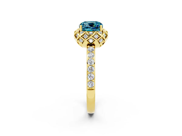 Yellow gold Cushion Cut Blue Topaz Scalloped Halo Engagement Ring with Round Shared Prong Band