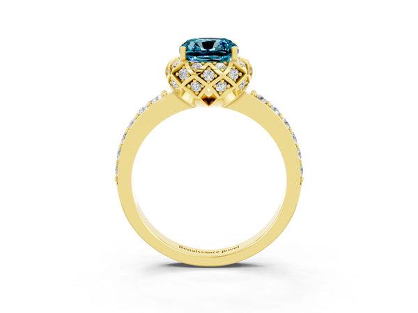 Yellow gold Cushion Cut Blue Topaz Scalloped Halo Engagement Ring with Round Shared Prong Band