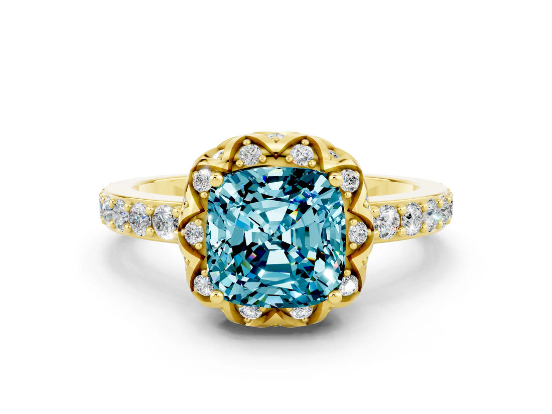 Yellow gold Cushion Cut Blue Topaz Scalloped Halo Engagement Ring with Round Shared Prong Band_24