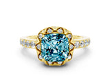 Yellow gold Cushion Cut Blue Topaz Scalloped Halo Engagement Ring with Round Shared Prong Band_24