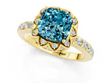 Yellow gold Cushion Cut Blue Topaz Scalloped Halo Engagement Ring with Round Shared Prong Band_25