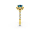 Yellow gold Cushion Cut Blue Topaz Scalloped Halo Engagement Ring with Round Shared Prong Band_26