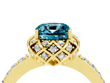 Yellow gold Cushion Cut Blue Topaz Scalloped Halo Engagement Ring with Round Shared Prong Band_28