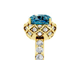 Yellow gold Cushion Cut Blue Topaz Scalloped Halo Engagement Ring with Round Shared Prong Band_29
