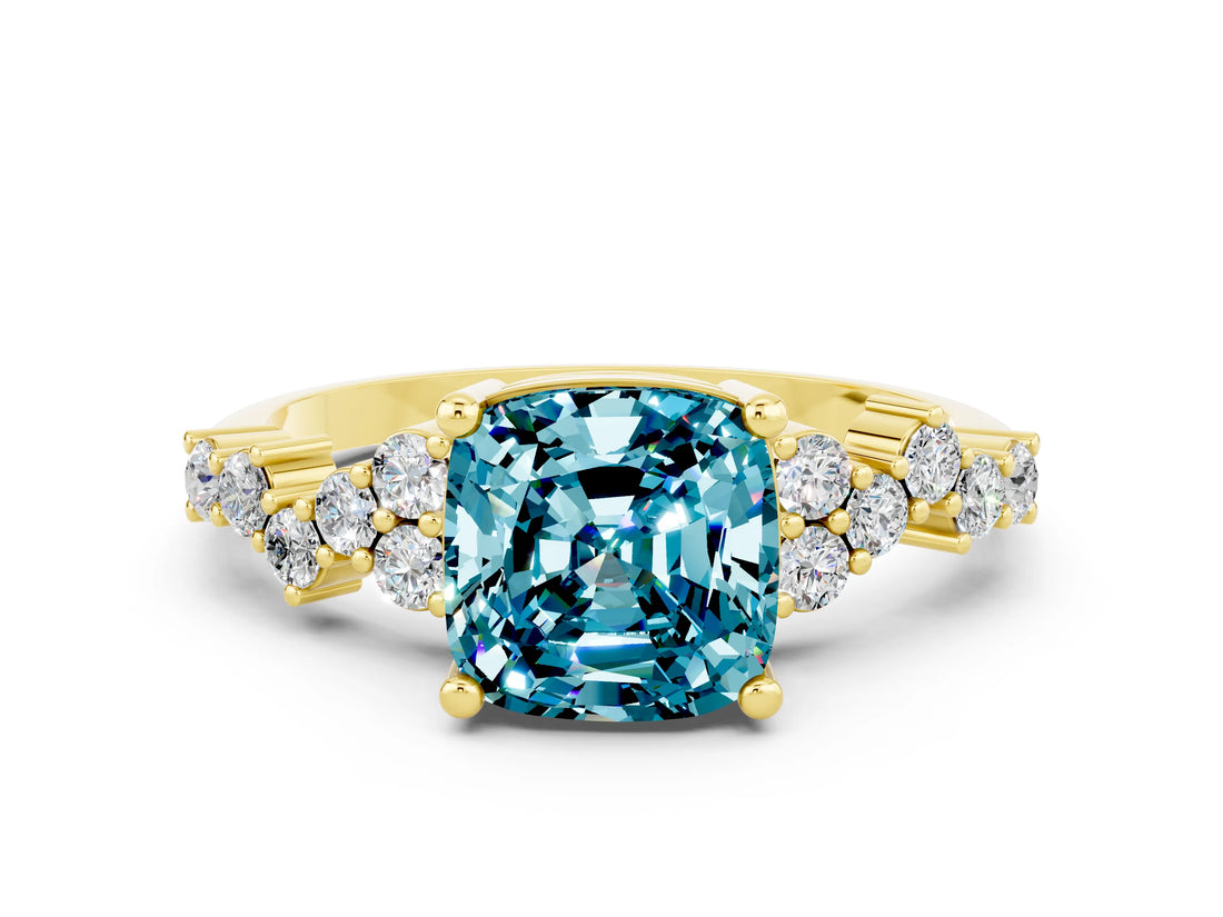 Yellow gold Cushion Cut Blue Topaz Scattered Round Accent Ring with Prong Setting_24