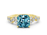 Yellow gold Cushion Cut Blue Topaz Scattered Round Accent Ring with Prong Setting_24
