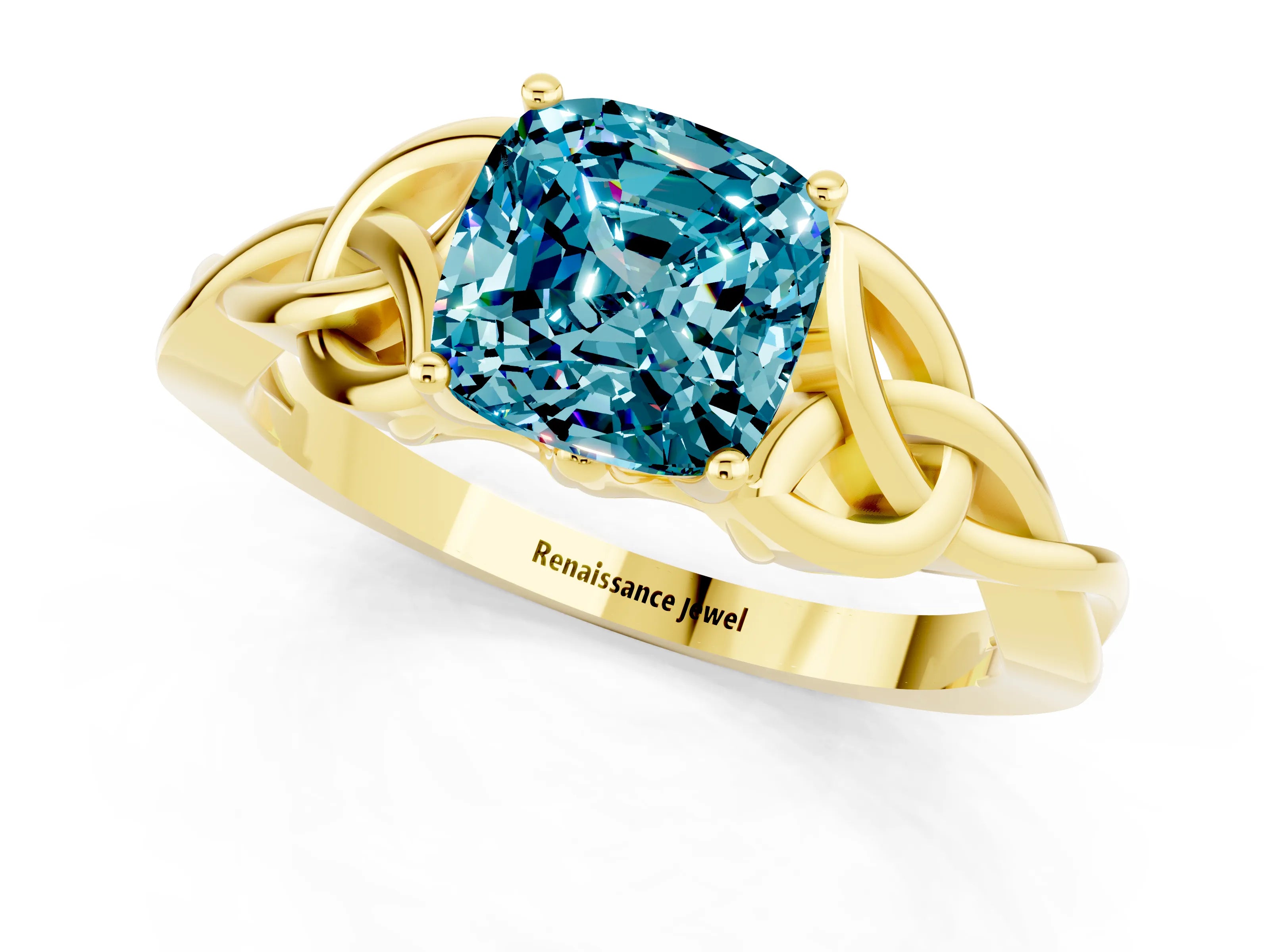 Yellow gold Cushion Cut Blue Topaz Solitaire Engagement Ring with Celtic Knot Band and Four-Prong Setting_1