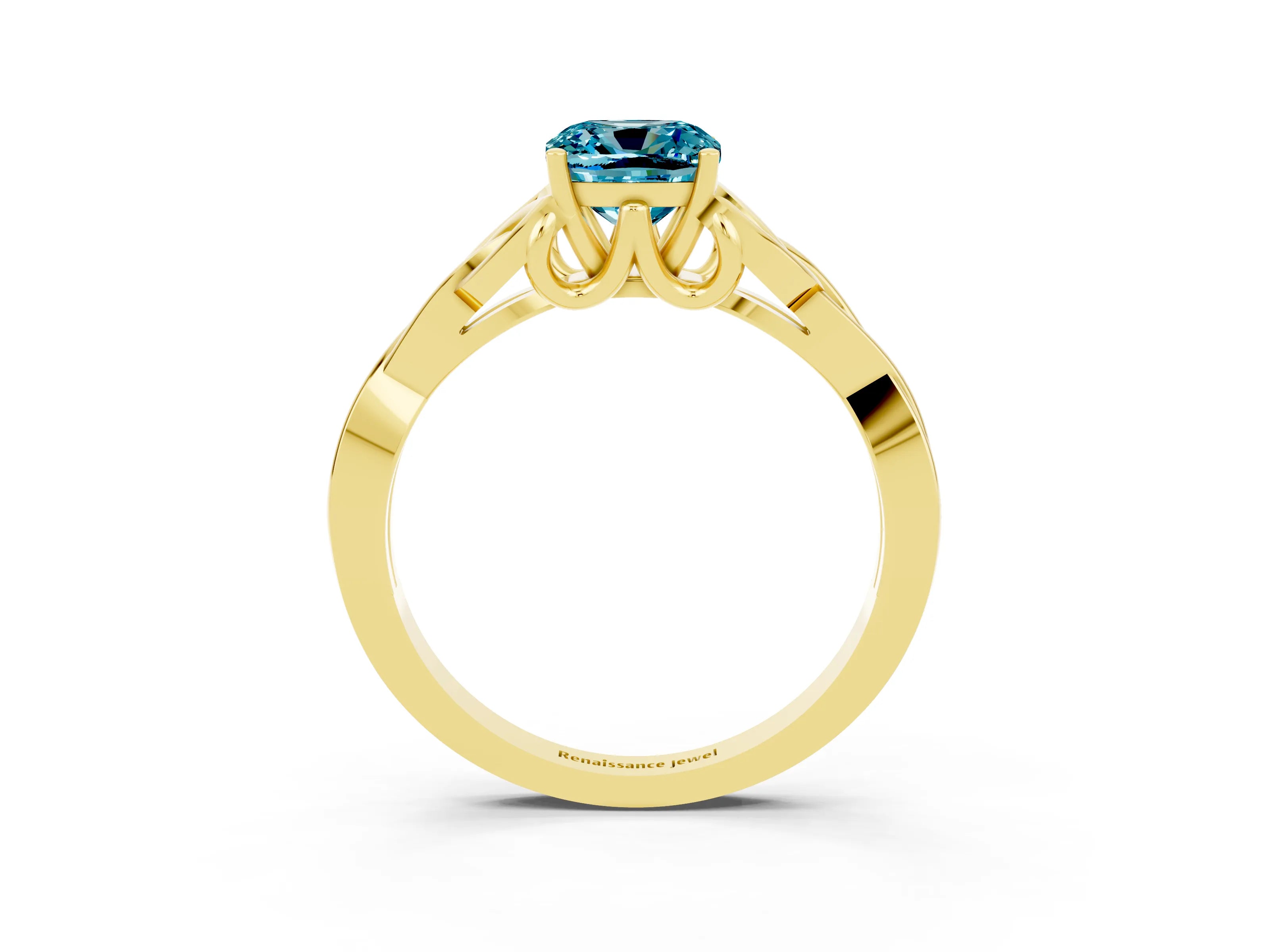 Yellow gold Cushion Cut Blue Topaz Solitaire Engagement Ring with Celtic Knot Band and Four-Prong Setting_3