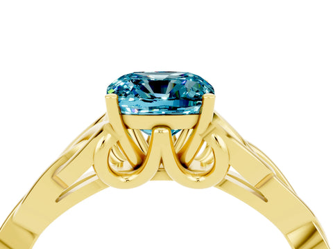 Yellow gold Cushion Cut Blue Topaz Solitaire Engagement Ring with Celtic Knot Band and Four-Prong Setting_4