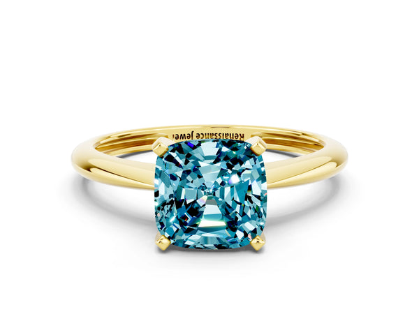 Yellow gold Cushion Cut Blue Topaz Solitaire Engagement Ring with Classic Band and Four-Prong Setting