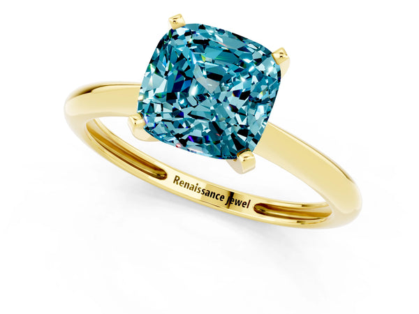 Yellow gold Cushion Cut Blue Topaz Solitaire Engagement Ring with Classic Band and Four-Prong Setting