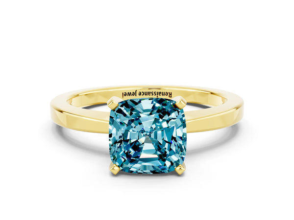 Yellow gold Cushion Cut Blue Topaz Solitaire Engagement Ring with Classic Band and Four-Prong Setting