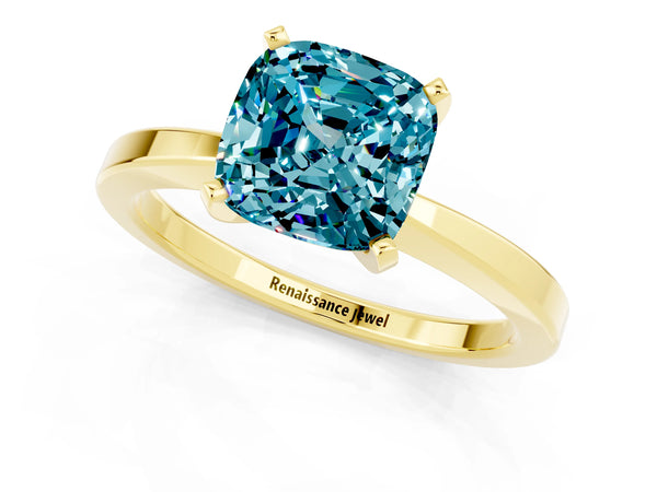Yellow gold Cushion Cut Blue Topaz Solitaire Engagement Ring with Classic Band and Four-Prong Setting