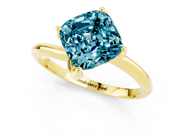 Yellow gold Cushion Cut Blue Topaz Solitaire Engagement Ring with Four-Prong Setting and Classic Band