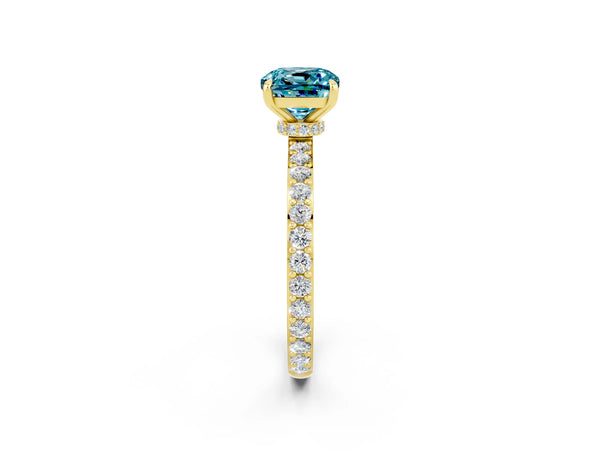 Yellow gold Cushion Cut Blue Topaz Solitaire Engagement Ring with Pavé Band and Four-Prong Setting